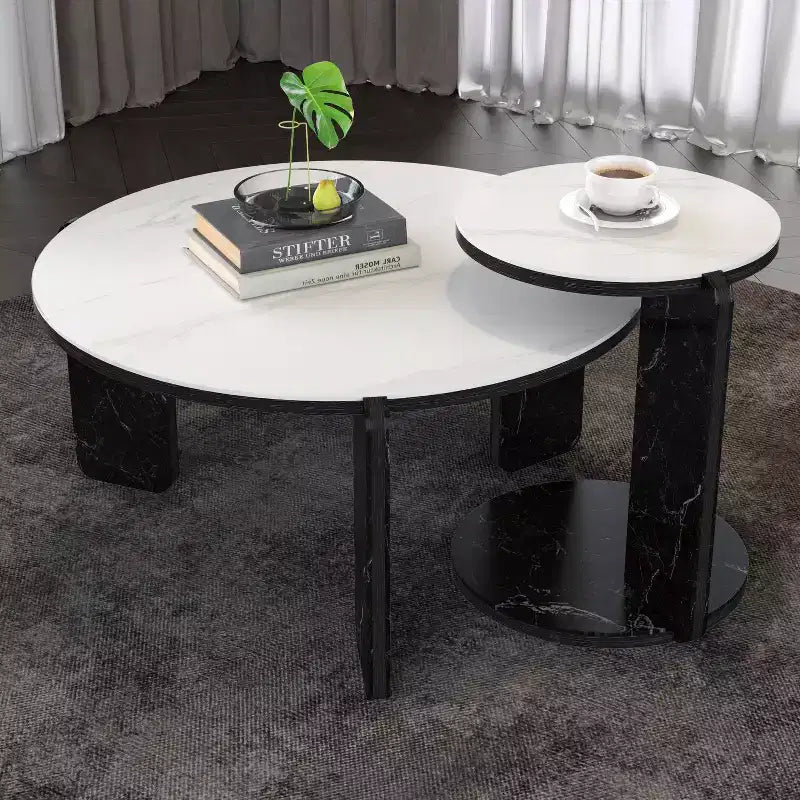 Modern Round Coffee Table Set with Sintered Stone Legs & Matching Side Table, Black