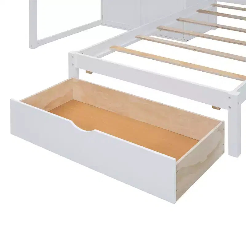 Letto a castello moderno con letto matrimoniale sopra e letto a una piazza e mezza sotto, guardaroba e 5 cassetti