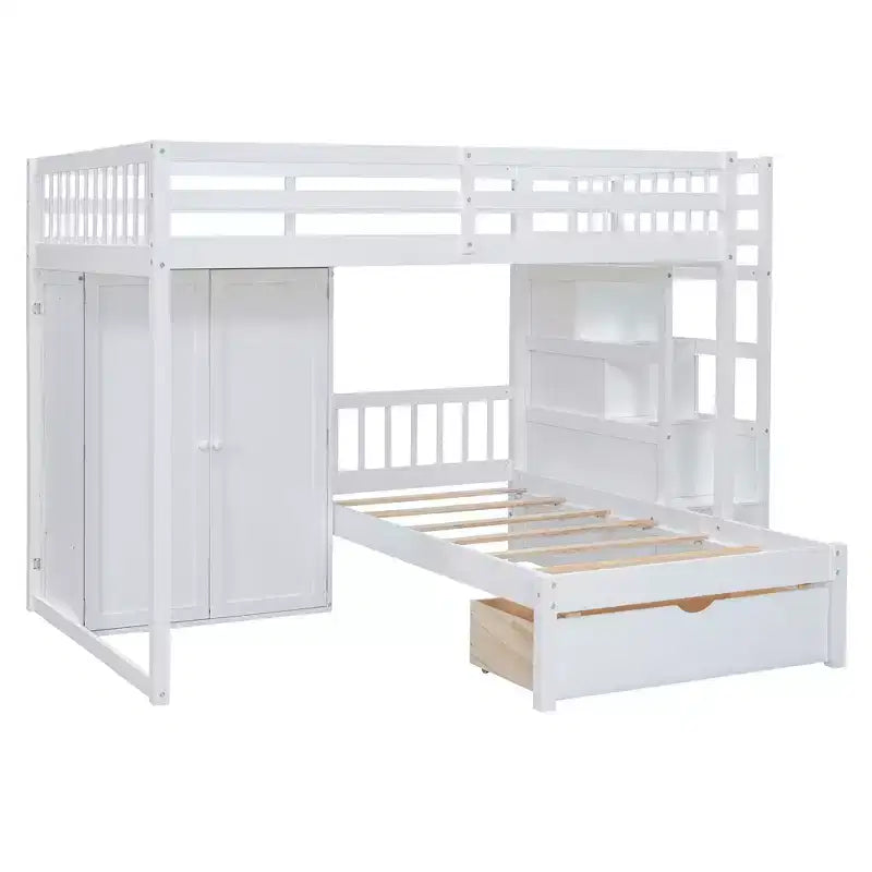 Letto a castello moderno con letto matrimoniale sopra e letto a una piazza e mezza sotto, guardaroba e 5 cassetti