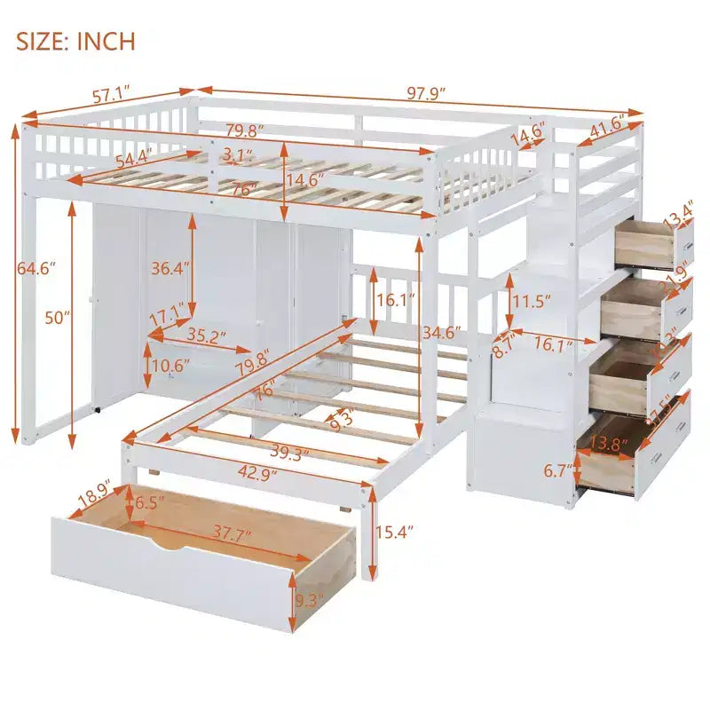 Modern Full Over Twin Bunk Bed with Wardrobe and 5 Drawers