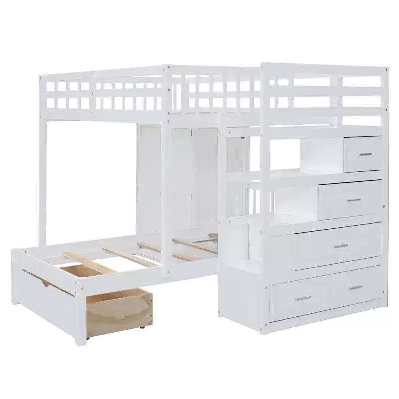 Letto a castello moderno con letto matrimoniale sopra e letto a una piazza e mezza sotto, guardaroba e 5 cassetti