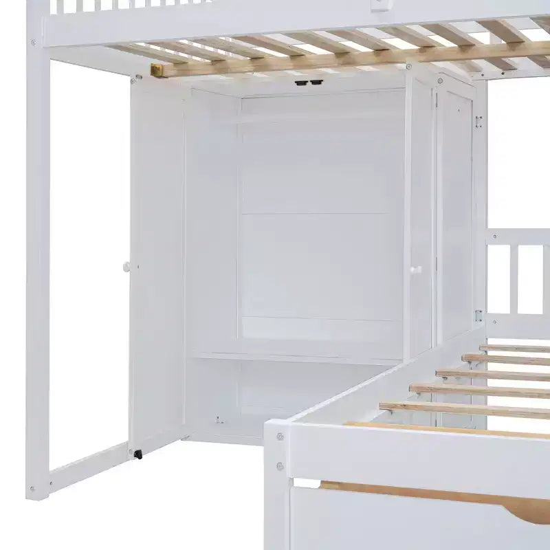 Letto a castello moderno con letto matrimoniale sopra e letto a una piazza e mezza sotto, guardaroba e 5 cassetti