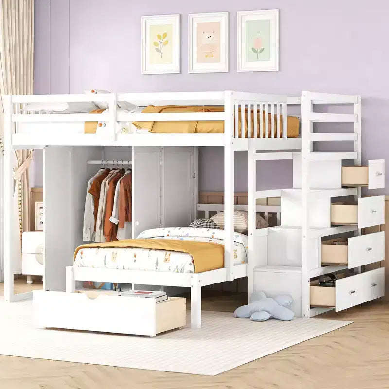 Modern Full Over Twin Bunk Bed with Wardrobe and 5 Drawers