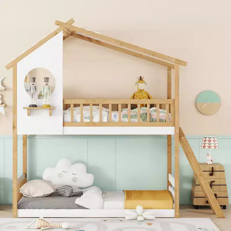 Letto a castello a casetta con due letti singoli, tetto e finestra, in legno per bambini, con scala e sponde di sicurezza, struttura in pino massello, colore naturale
