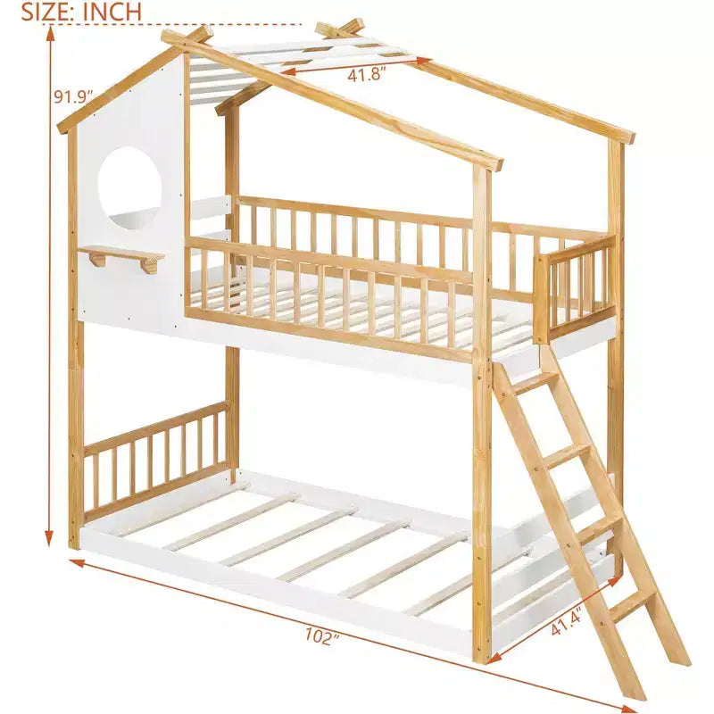 Letto a castello a casetta con due letti singoli, tetto e finestra, in legno per bambini, con scala e sponde di sicurezza, struttura in pino massello, colore naturale