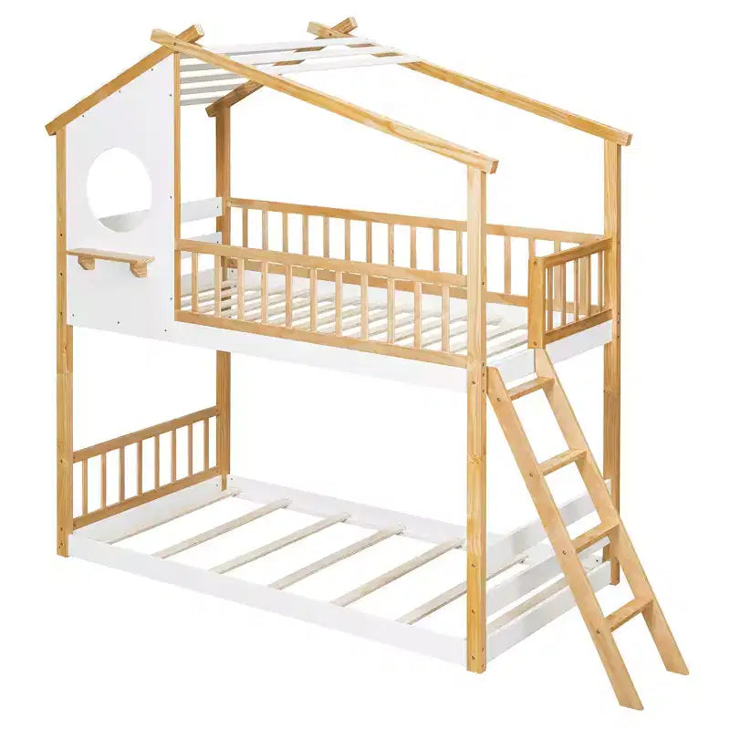 Letto a castello a casetta con due letti singoli, tetto e finestra, in legno per bambini, con scala e sponde di sicurezza, struttura in pino massello, colore naturale
