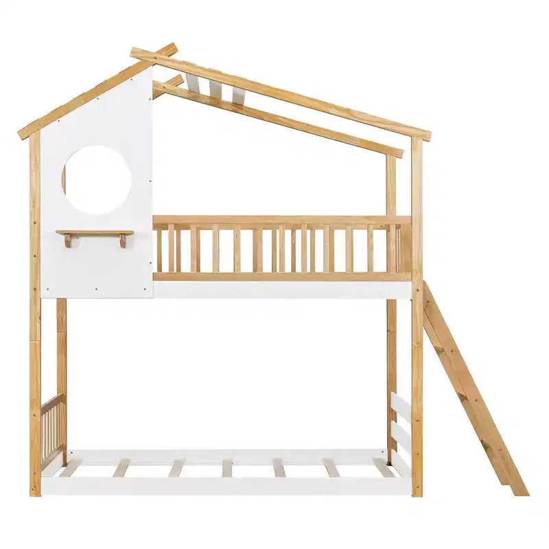 Twin Over Twin House Bunk Bed with Roof & Window, Kids Wood Bunk Bed with Ladder & Guardrails, Solid Pine Frame, Natural