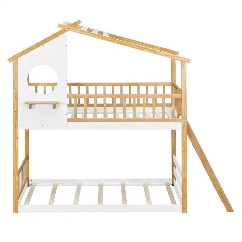 Twin Over Twin House Bunk Bed with Roof & Window, Kids Wood Bunk Bed with Ladder & Guardrails, Solid Pine Frame, Natural