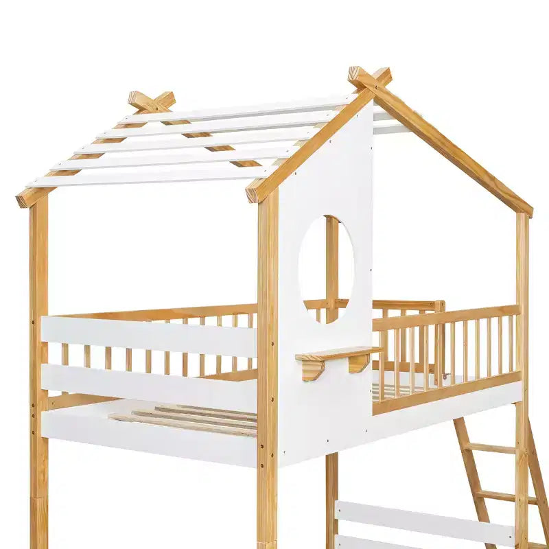 Letto a castello a casetta con due letti singoli, tetto e finestra, in legno per bambini, con scala e sponde di sicurezza, struttura in pino massello, colore naturale