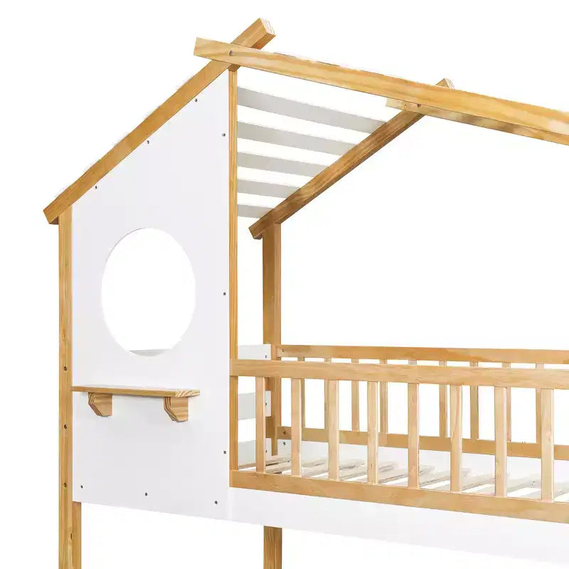 Letto a castello a casetta con due letti singoli, tetto e finestra, in legno per bambini, con scala e sponde di sicurezza, struttura in pino massello, colore naturale