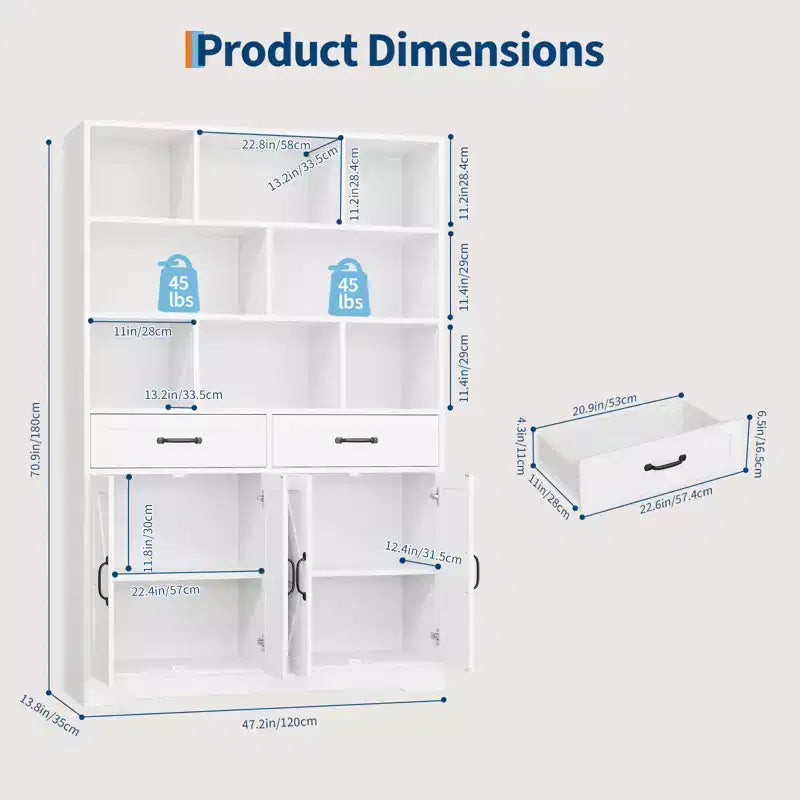 Grande libreria in legno per bambini, 2 cassetti, 4 ante, mobile contenitore a 6 livelli, ampia scaffalatura organizer per soggiorno e ufficio