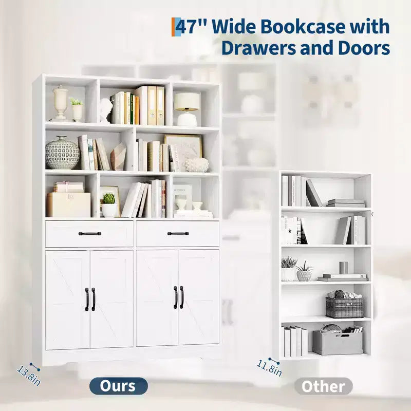 Grande libreria in legno per bambini, 2 cassetti, 4 ante, mobile contenitore a 6 livelli, ampia scaffalatura organizer per soggiorno e ufficio