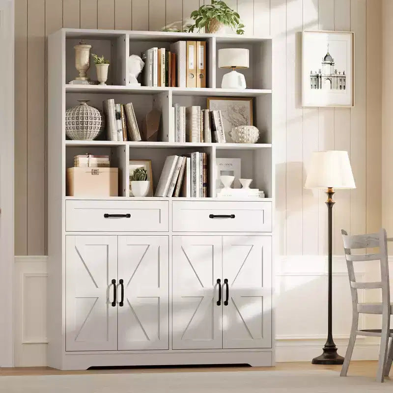Grande libreria in legno per bambini, 2 cassetti, 4 ante, mobile contenitore a 6 livelli, ampia scaffalatura organizer per soggiorno e ufficio