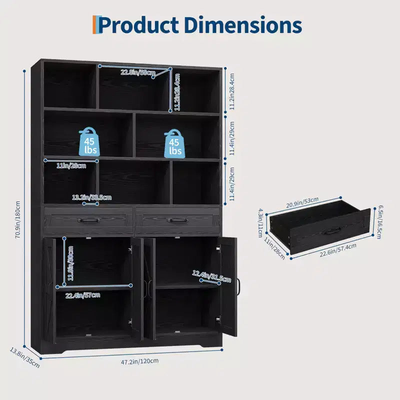 Grande libreria in legno per bambini, 2 cassetti, 4 ante, mobile contenitore a 6 livelli, ampia scaffalatura organizer per soggiorno e ufficio