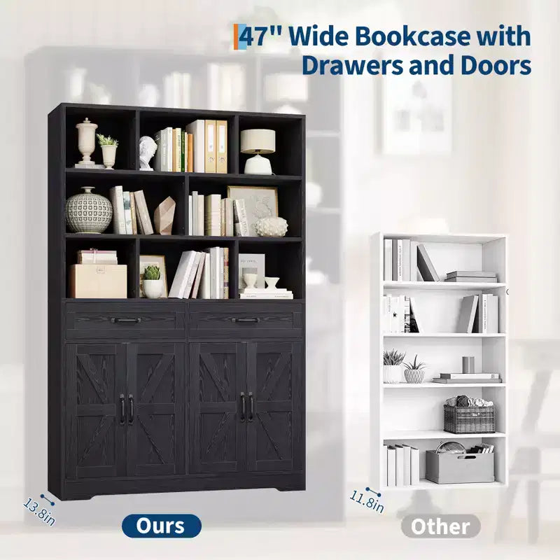 Grande libreria in legno per bambini, 2 cassetti, 4 ante, mobile contenitore a 6 livelli, ampia scaffalatura organizer per soggiorno e ufficio