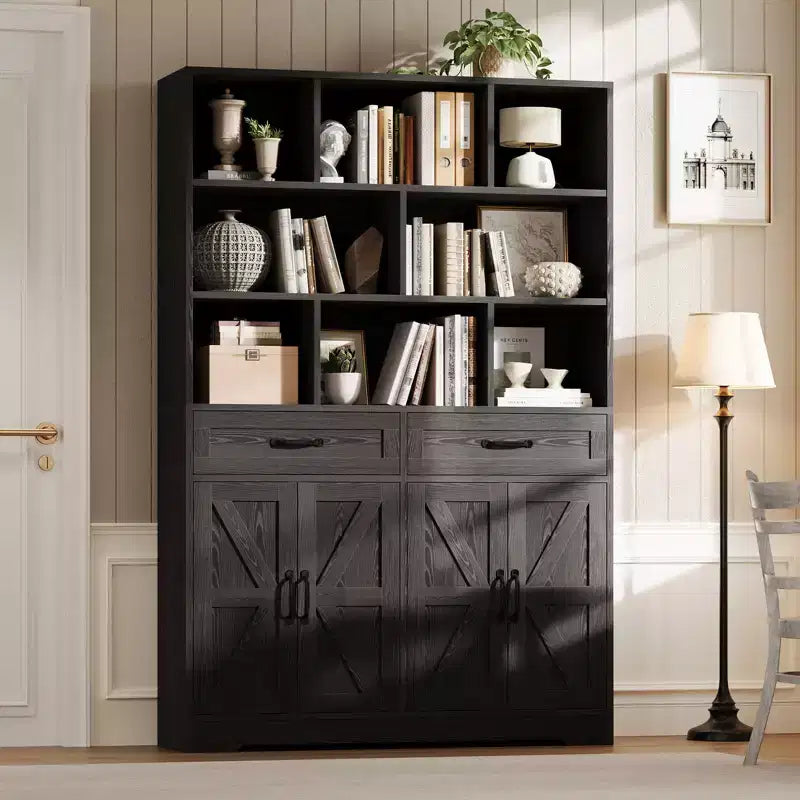Grande libreria in legno per bambini, 2 cassetti, 4 ante, mobile contenitore a 6 livelli, ampia scaffalatura organizer per soggiorno e ufficio