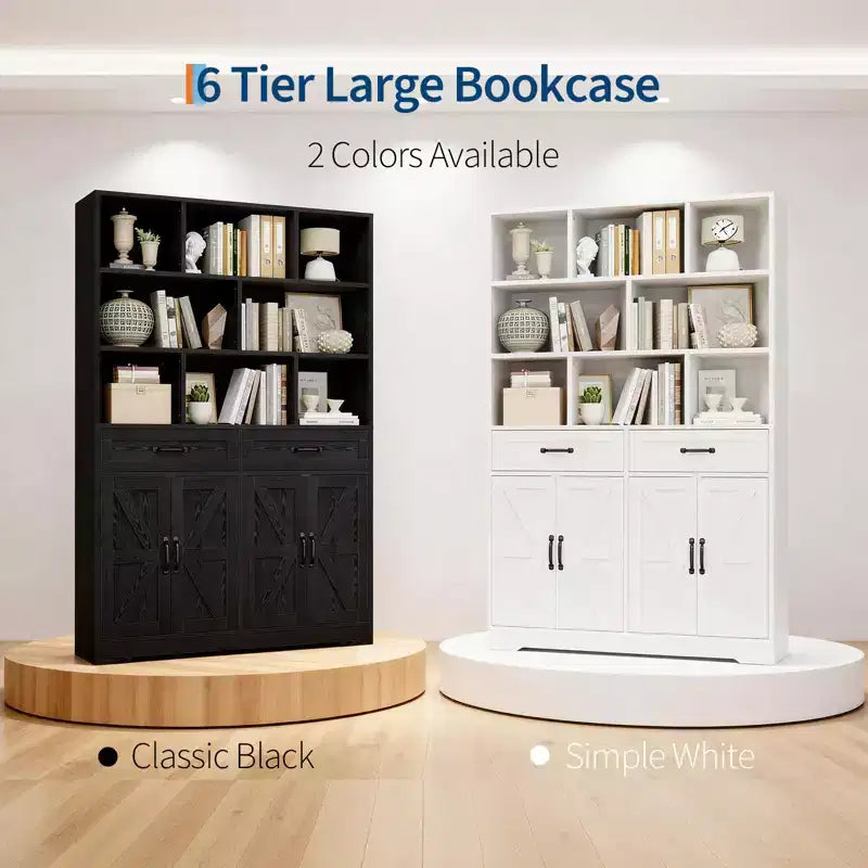 Grande libreria in legno per bambini, 2 cassetti, 4 ante, mobile contenitore a 6 livelli, ampia scaffalatura organizer per soggiorno e ufficio