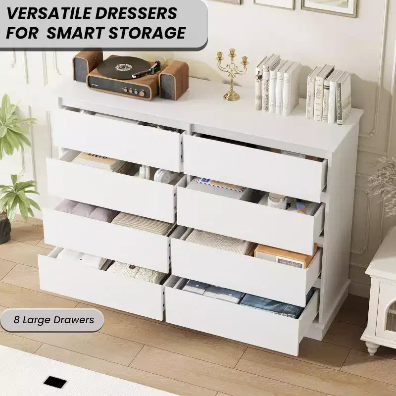 Modern Dresser for Bedroom with 8 Drawers, Wide Chest of Drawers, Wooden Storage Organizer Unit for Closet, Living Room, Kids Room, Nursery, White