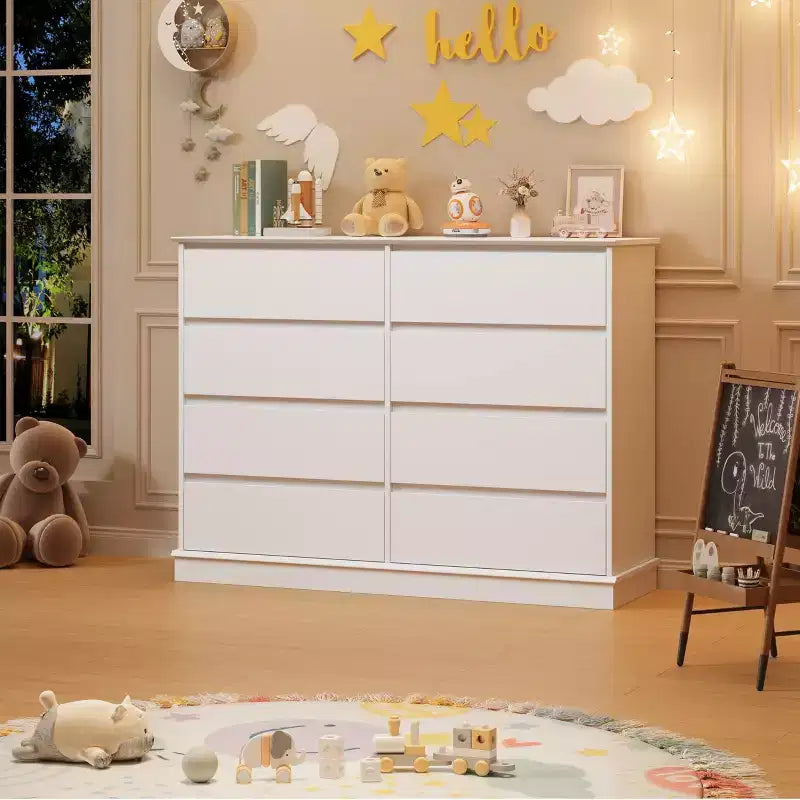Modern Dresser for Bedroom with 8 Drawers, Wide Chest of Drawers, Wooden Storage Organizer Unit for Closet, Living Room, Kids Room, Nursery, White