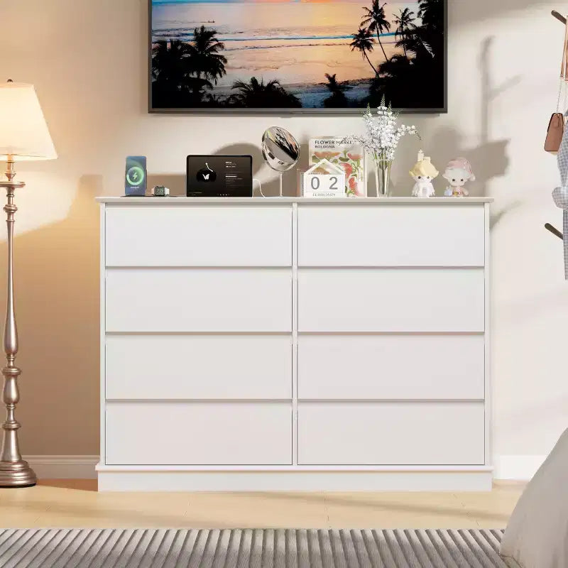 Modern Dresser for Bedroom with 8 Drawers, Wide Chest of Drawers, Wooden Storage Organizer Unit for Closet, Living Room, Kids Room, Nursery, White