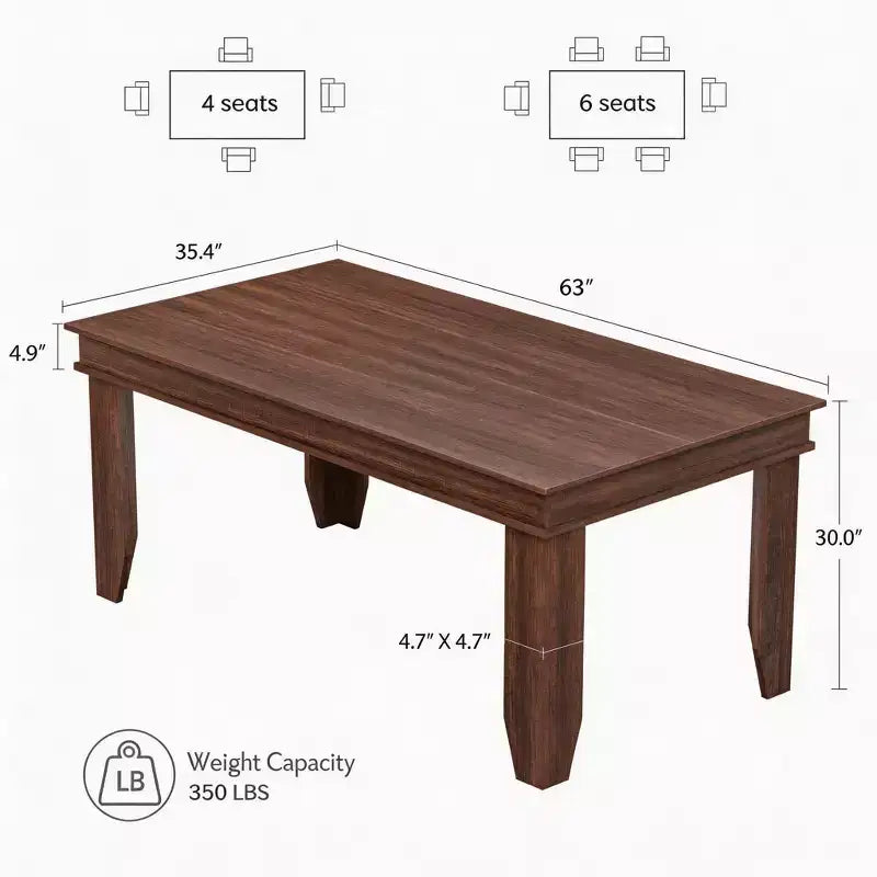 Tavolo da pranzo rustico da 63 per 4-6 persone, tavolo rettangolare da cucina in legno con robusta struttura in legno, grande tavolo da pranzo per sala da pranzo e appartamento