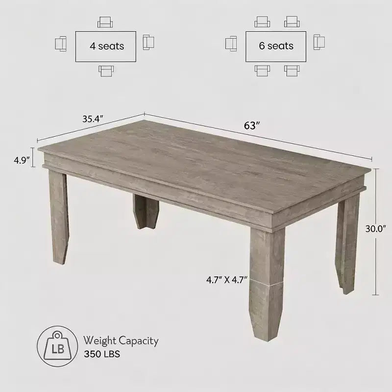 Tavolo da pranzo rustico da 63 per 4-6 persone, tavolo rettangolare da cucina in legno con robusta struttura in legno, grande tavolo da pranzo per sala da pranzo e appartamento