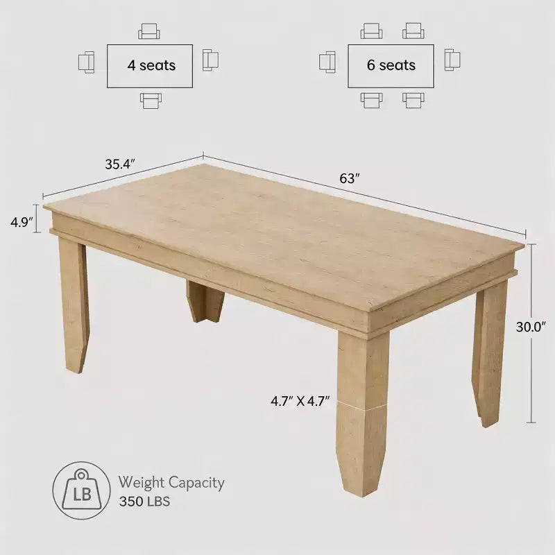 Tavolo da pranzo rustico da 63 per 4-6 persone, tavolo rettangolare da cucina in legno con robusta struttura in legno, grande tavolo da pranzo per sala da pranzo e appartamento