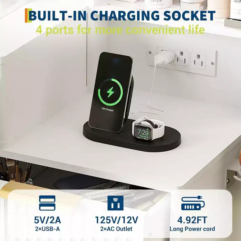 Ryflowana toaletka 44 z podświetlanym lustrem 36 i gniazdkiem elektrycznym, toaletka z 3 kolorami regulowanego oświetlenia i 5 szufladami, zestaw do sypialni
