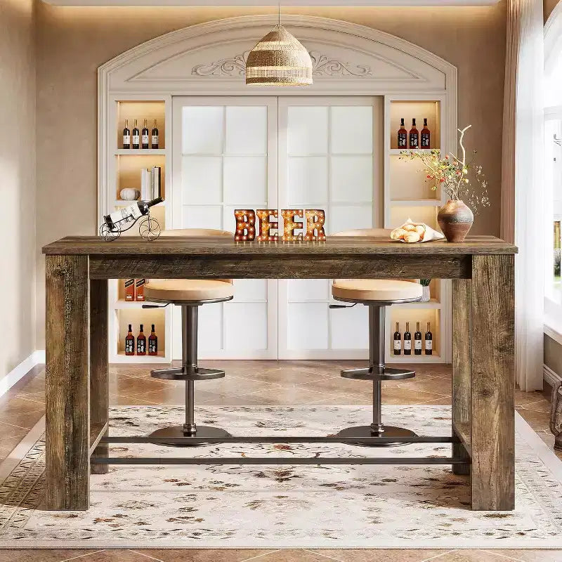 63'' High Top Bar Table, 37.4'' Counter Height Pub Table with Metal Footrests, Long Home Bar Unit for Kitchen, Bistro, or Restaurant