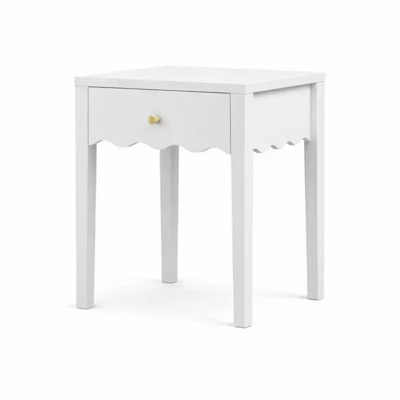 Comodino bianco con cassetto, tavolino moderno da letto con bordo ondulato, tavolino compatto per camera da letto e soggiorno, piccolo tavolino contenitore