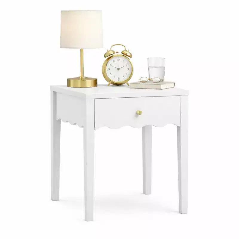 Comodino bianco con cassetto, tavolino moderno da letto con bordo ondulato, tavolino compatto per camera da letto e soggiorno, piccolo tavolino contenitore