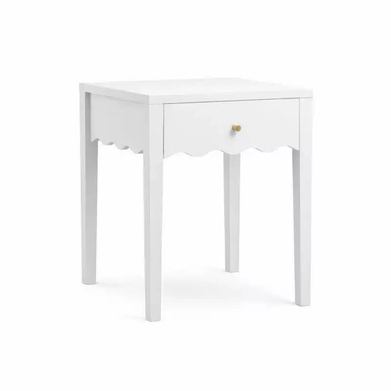 Comodino bianco con cassetto, tavolino moderno da letto con bordo ondulato, tavolino compatto per camera da letto e soggiorno, piccolo tavolino contenitore