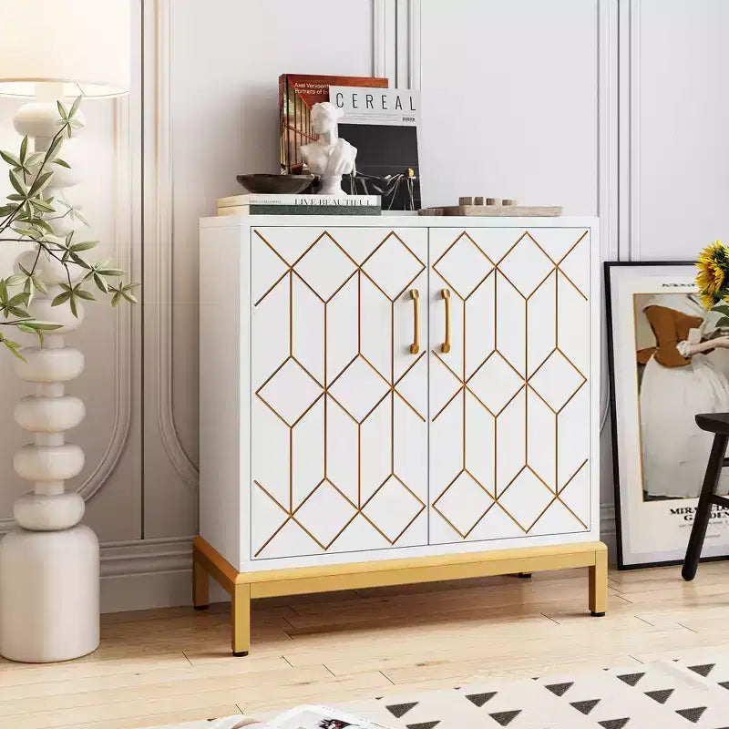 Credenza, mobile contenitore moderno con ante e ripiani, 30.9W14.3D33.3H, bianco/oro per cucina/ufficio/sala da pranzo/soggiorno