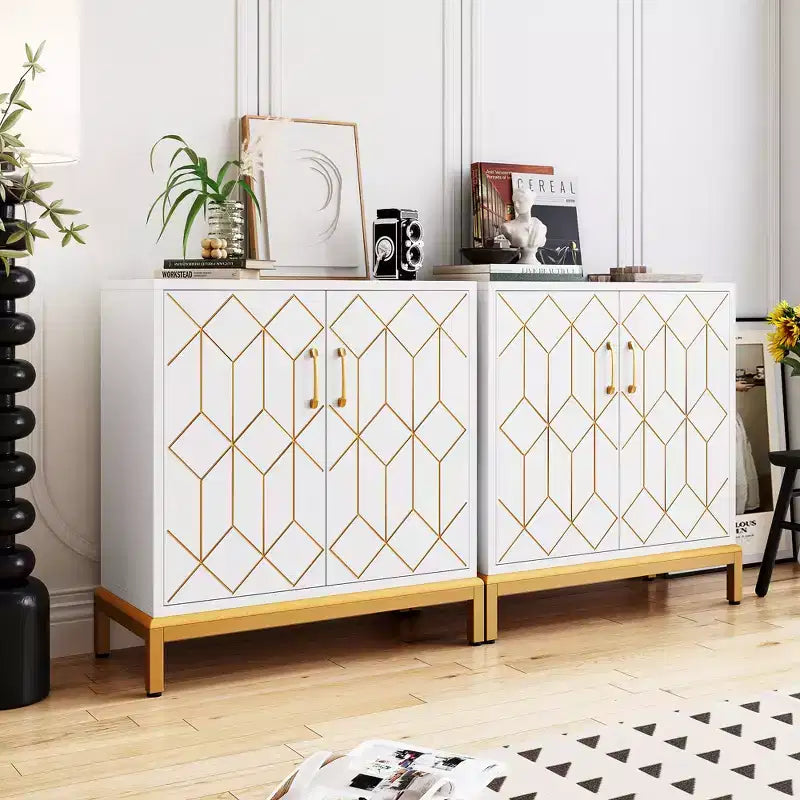 Credenza, mobile contenitore moderno con ante e ripiani, 30.9W14.3D33.3H, bianco/oro per cucina/ufficio/sala da pranzo/soggiorno