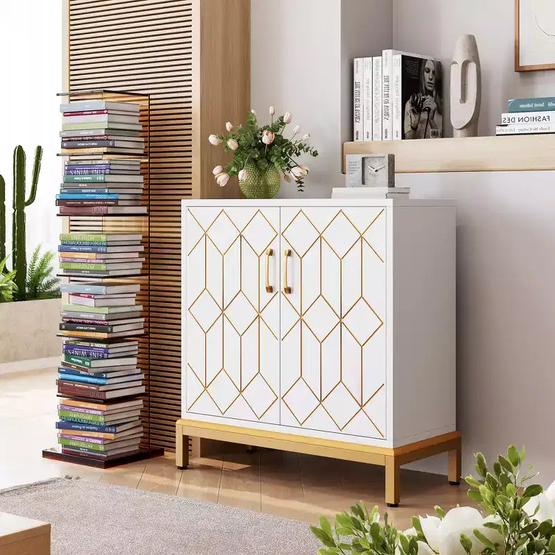 Credenza, mobile contenitore moderno con ante e ripiani, 30.9W14.3D33.3H, bianco/oro per cucina/ufficio/sala da pranzo/soggiorno