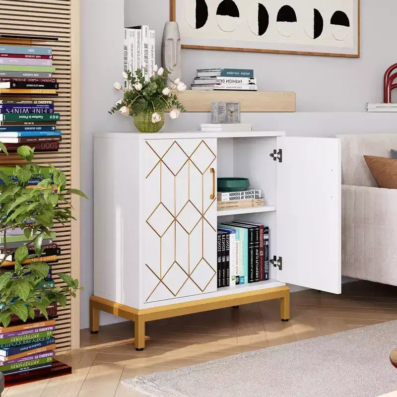 Credenza, mobile contenitore moderno con ante e ripiani, 30.9W14.3D33.3H, bianco/oro per cucina/ufficio/sala da pranzo/soggiorno