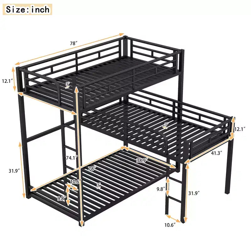 L-Shaped Triple Twin Metal Bunk Bed, Space-Saving Industrial Triple Decker with Ladders & Full Guardrails, Black