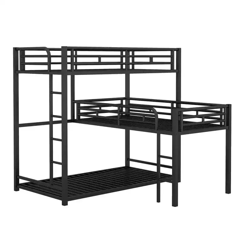 L-Shaped Triple Twin Metal Bunk Bed, Space-Saving Industrial Triple Decker with Ladders & Full Guardrails, Black