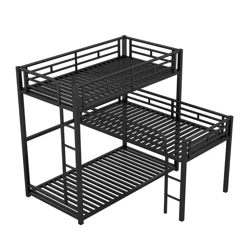 L-Shaped Triple Twin Metal Bunk Bed, Space-Saving Industrial Triple Decker with Ladders & Full Guardrails, Black