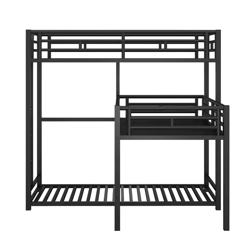 L-Shaped Triple Twin Metal Bunk Bed, Space-Saving Industrial Triple Decker with Ladders & Full Guardrails, Black