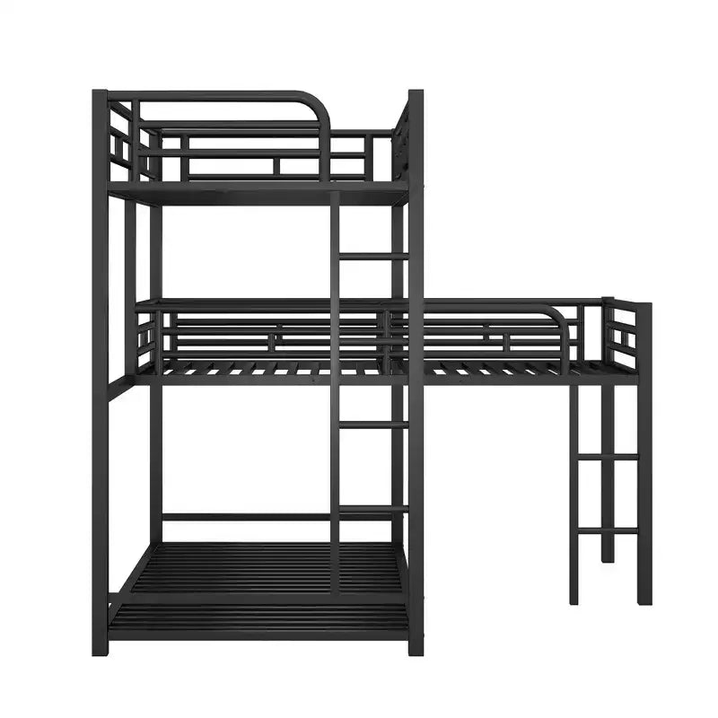 L-Shaped Triple Twin Metal Bunk Bed, Space-Saving Industrial Triple Decker with Ladders & Full Guardrails, Black