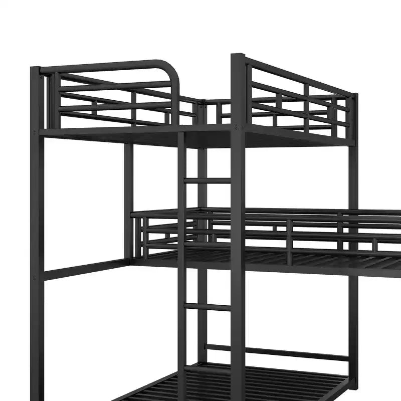 L-Shaped Triple Twin Metal Bunk Bed, Space-Saving Industrial Triple Decker with Ladders & Full Guardrails, Black