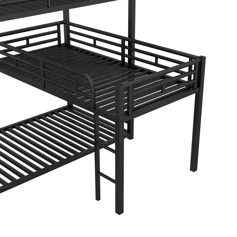 L-Shaped Triple Twin Metal Bunk Bed, Space-Saving Industrial Triple Decker with Ladders & Full Guardrails, Black