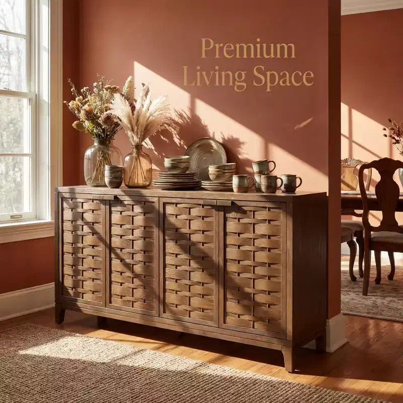 Credenza a 4 ante in stile moderno di metà secolo, 59', con motivo intrecciato 3D