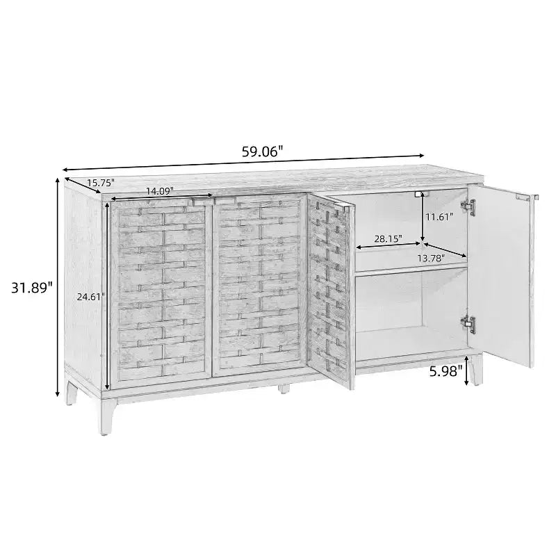 Credenza a 4 ante in stile moderno di metà secolo, 59', con motivo intrecciato 3D