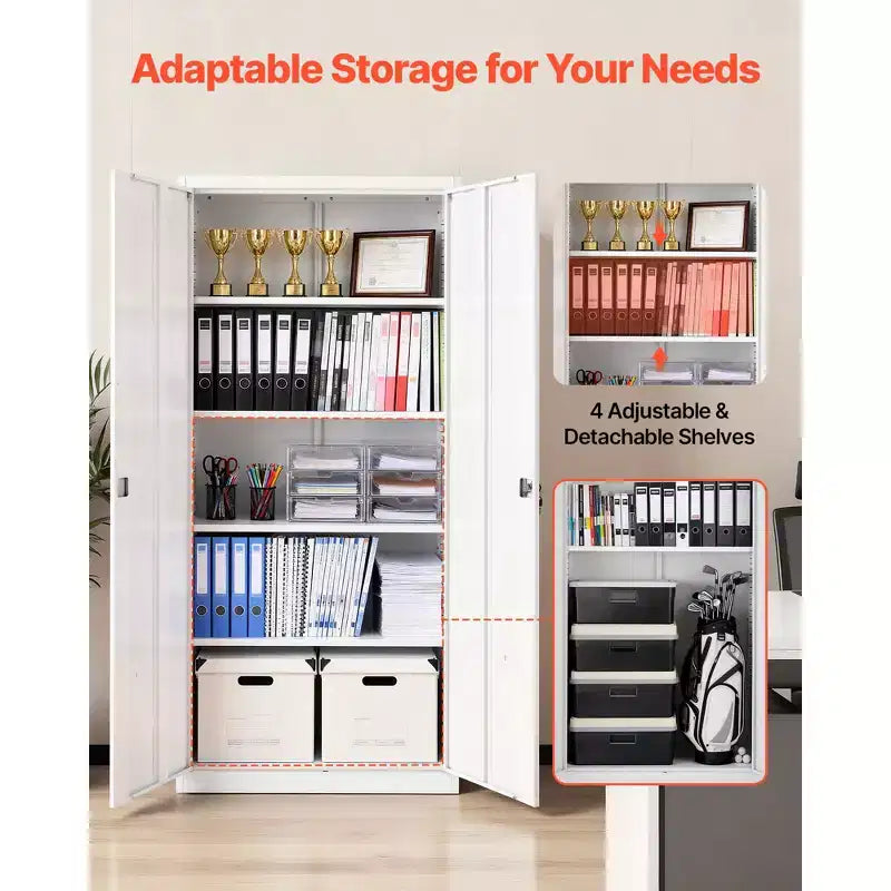 Metal Storage Cabinet, 68.9 in Lockable Steel Garage Cabinet with 4 Adjustable Shelves, 2 Magnetic Doors, 2 Keys, 5 Tiers Tool Storage, White
