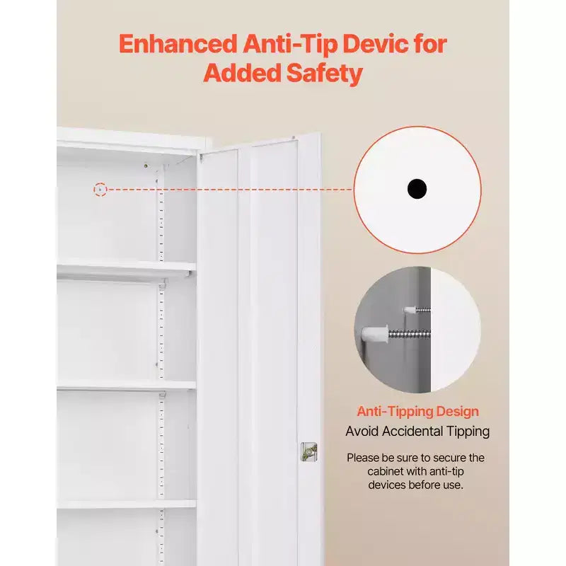 Metal Storage Cabinet, 68.9 in Lockable Steel Garage Cabinet with 4 Adjustable Shelves, 2 Magnetic Doors, 2 Keys, 5 Tiers Tool Storage, White