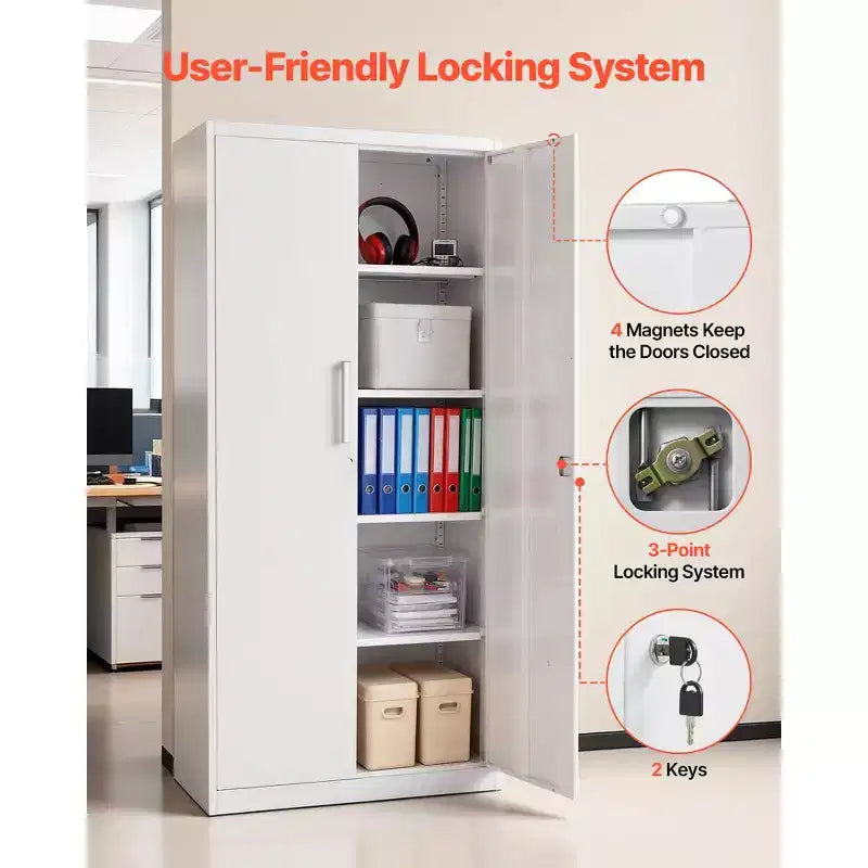 Metal Storage Cabinet, 68.9 in Lockable Steel Garage Cabinet with 4 Adjustable Shelves, 2 Magnetic Doors, 2 Keys, 5 Tiers Tool Storage, White