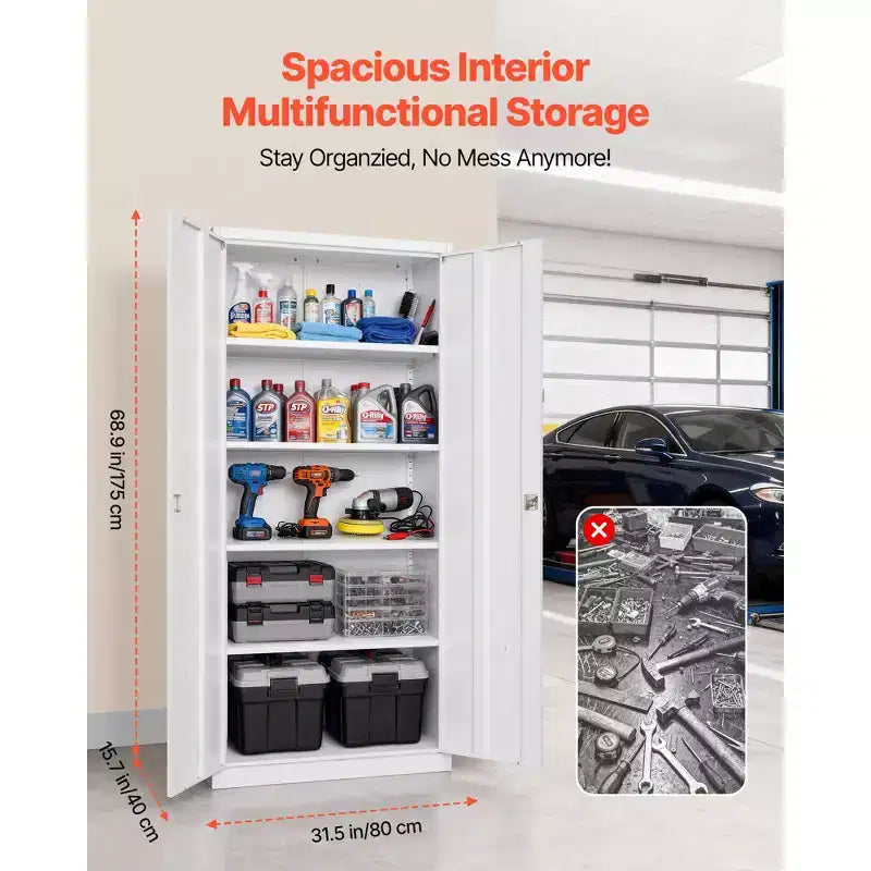 Metal Storage Cabinet, 68.9 in Lockable Steel Garage Cabinet with 4 Adjustable Shelves, 2 Magnetic Doors, 2 Keys, 5 Tiers Tool Storage, White