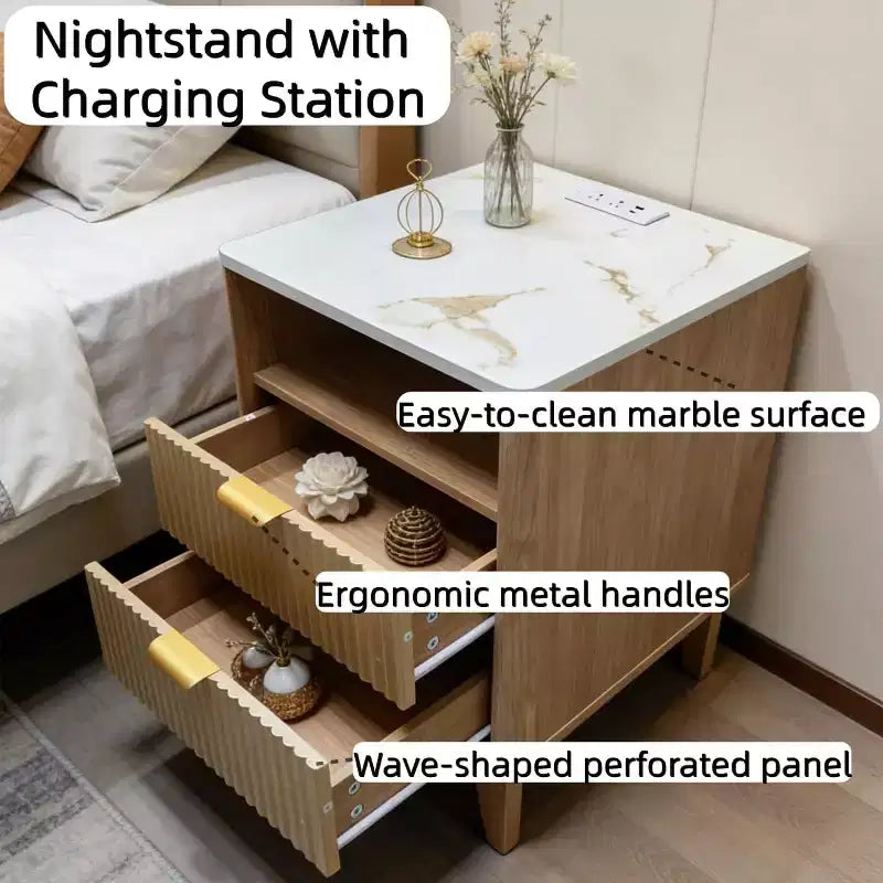 Comodino 3 in 1 con 2 cassetti, moderno con angoli curvi, per soggiorno o camera da letto